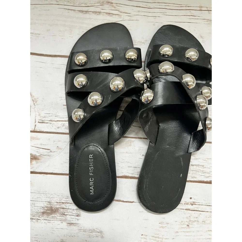 Marc Fisher Bryte Slide Sandals Black Silver Studded Flat 8.5M